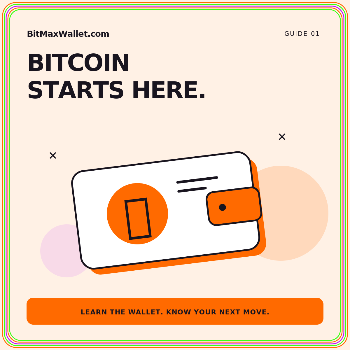 Bitcoin wallet basics: neon orange, green, and purple illustrated guide card branded BitMaxWallet.com
