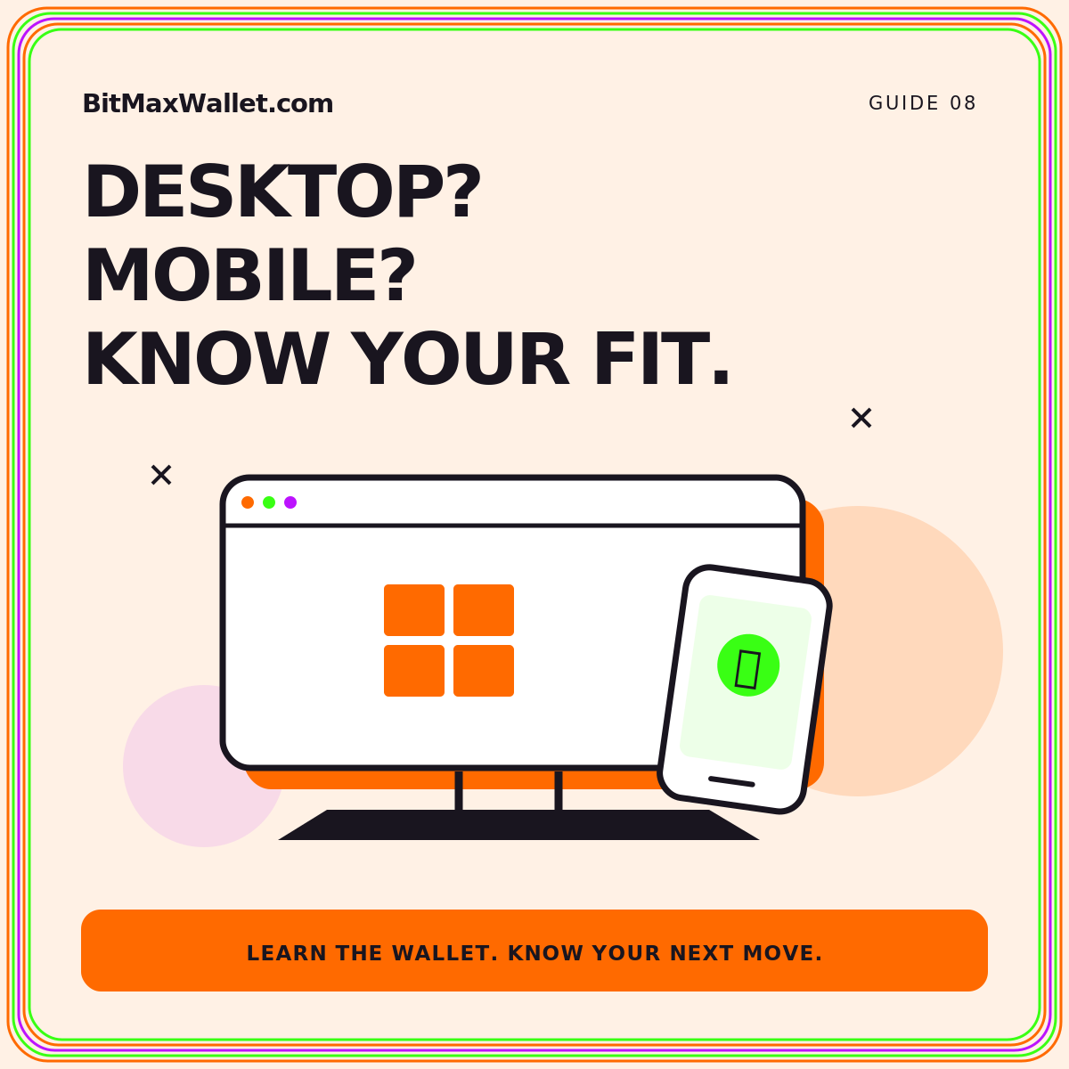 Desktop or mobile?: neon orange, green, and purple illustrated guide card branded BitMaxWallet.com