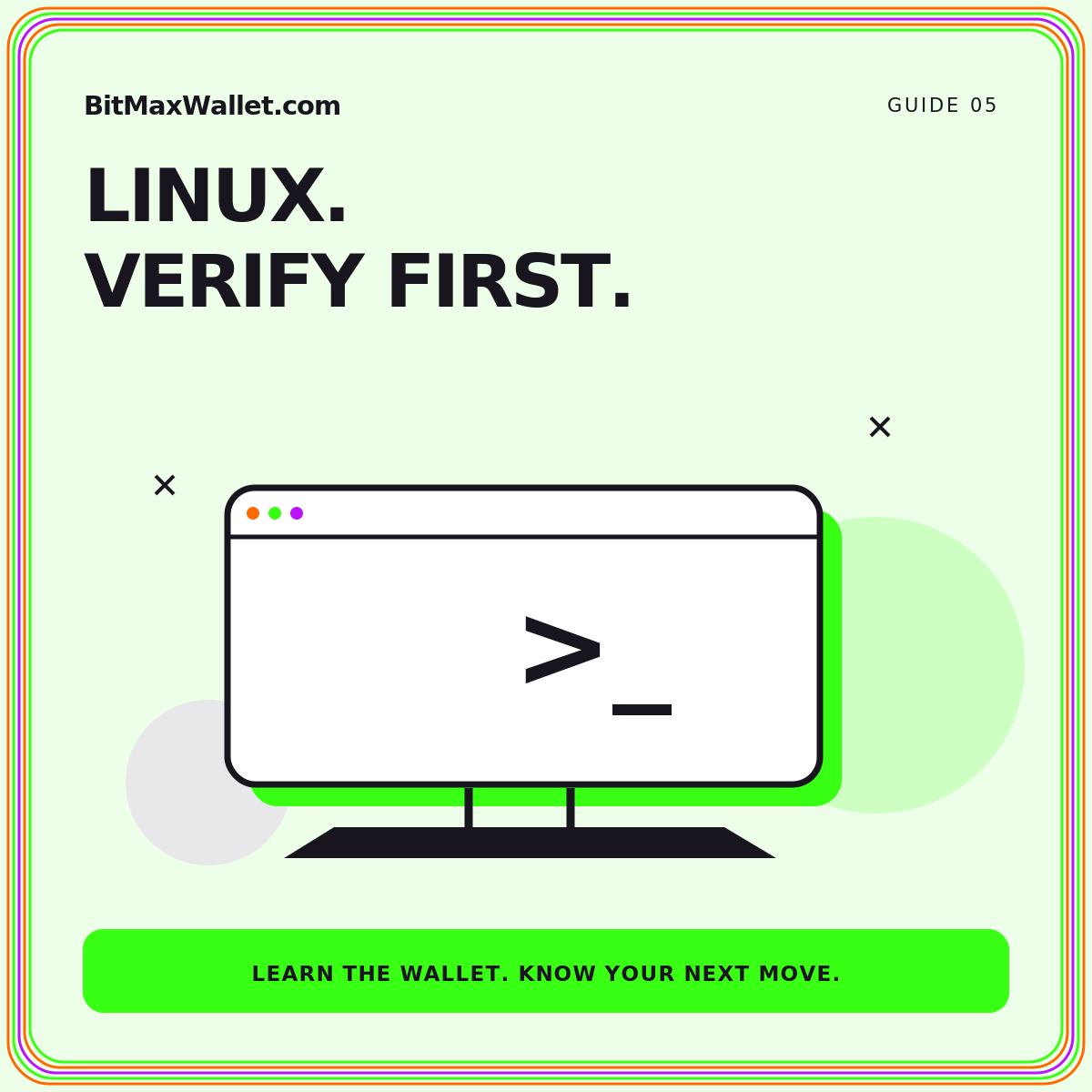 Verify your Linux setup: neon orange, green, and purple illustrated guide card branded BitMaxWallet.com