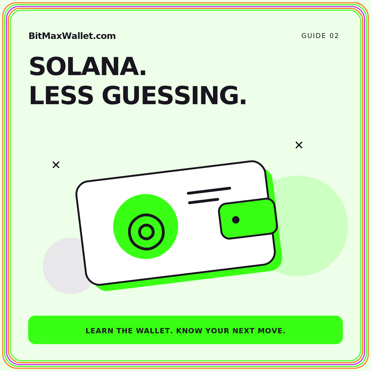 Make sense of Solana: neon orange, green, and purple illustrated guide card branded BitMaxWallet.com