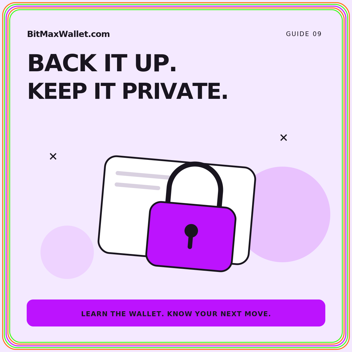 Build your recovery plan: neon orange, green, and purple illustrated guide card branded BitMaxWallet.com