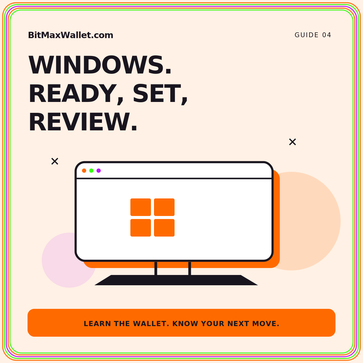 Your Windows checklist: neon orange, green, and purple illustrated guide card branded BitMaxWallet.com